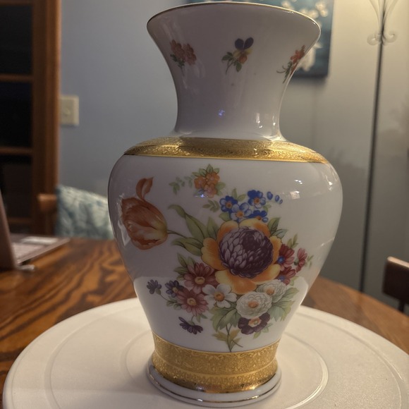 Apulum Romania Other - Vintage Apulum Alba luia Romainian Porcelain Vase Dresden Floral Gold Trim 1970